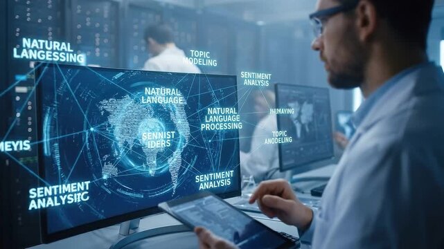 Content Analysis: Text corpus visualization in data science lab with floating keyword and graph icons
