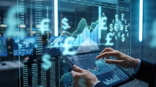 Market Analytics: Trading data flowing through financial exchange with floating chart and currency icons
