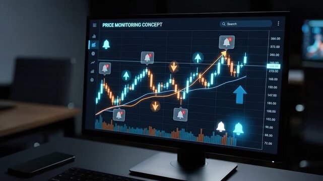 Price Monitoring: Stock charts on trading platform with floating trend and alert icons

