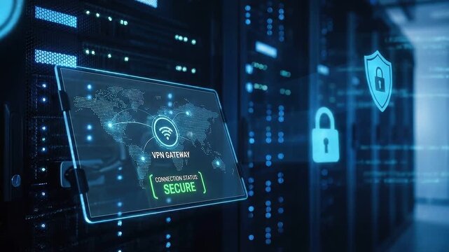 Secure Connection: VPN gateway interface in remote network with floating shield and lock icons
