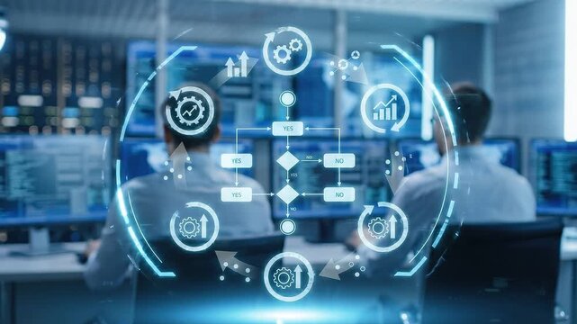 Process Optimization: Feedback loop system in operations center with floating cycle and efficiency icons
