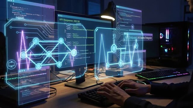 Software Integration: API endpoint interaction in development environment with floating code and connection icons
