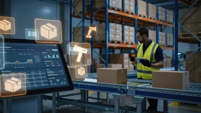 Stock Control: Inventory database displayed in warehouse system with floating box and barcode icons
