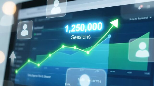 Traffic Insights: Web metrics displayed on marketing platform with floating user and traffic icons
