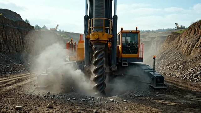 Powerful machinery excavates earth in a rugged landscape, showcasing industrial strength and technology in action.