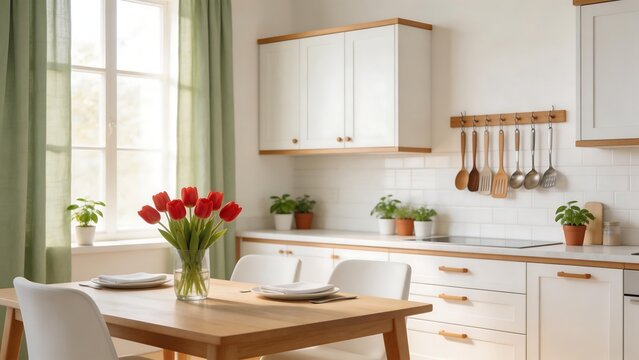 Modern kitchen with dining table and flowers