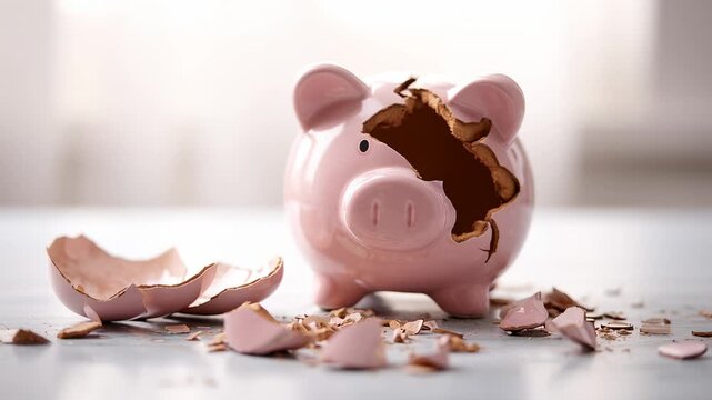 Pink ceramic piggy bank sits broken on a light surface, with large and small shards scattered around, representing depleted savings, financial collapse, and the end of financial security