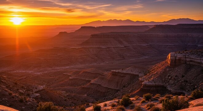 Spectacular Golden Sunset Illuminates Arid Mountain Desert Landscape with Distant Peaks