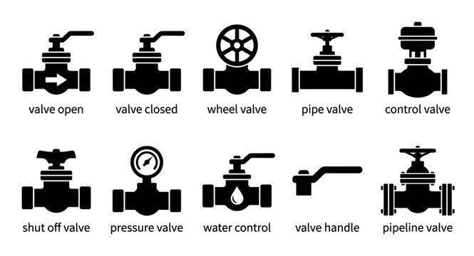 A set of black and white graphic icons representing various types of pipe valves, including open, closed, wheel, control, shut off, pressure, and pipeline valves.