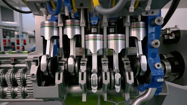 Close-up of industrial engine pistons and cylinders in a factory setting with machinery and equipment in the background, possibly for manufacturing or assembly line use