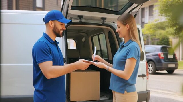 Delivery man and woman exchanging documents beside open van with package in suburban street background for logistics and delivery use