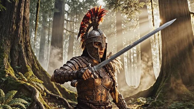 Female Warrior in Ancient Armor Wields Sword in Misty Forest Battle Scene
