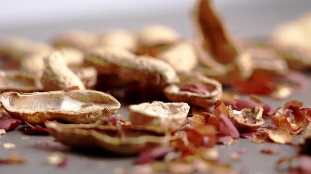 Macro view of empty peanut shells and broken husks falling on gray table in slow motion