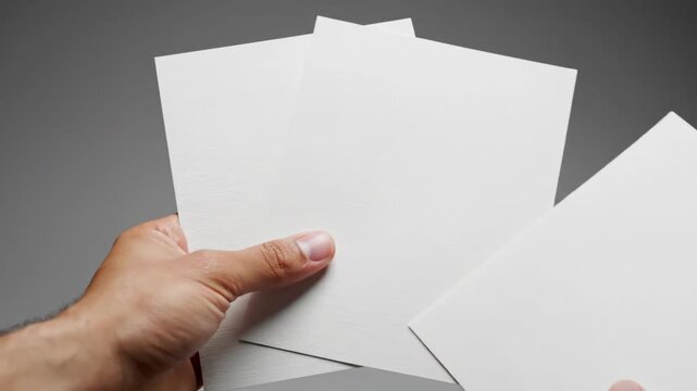 A male hand holds a pair of blank A6 invitation flyers mid-air against a grey background in a clean, minimalist print design mockup.