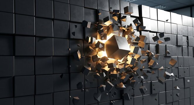 A dynamic representation of a dark wall of cubes shattering outwards from a luminous central point, symbolizing breakthrough and disruption.