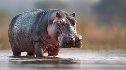 Fototapeta premium Adult hippopotamus standing half submerged in river water, showcasing powerful body, calm surface, and natural wildlife habitat in Africa.