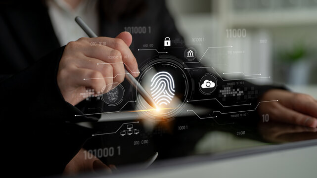 Biometric fingerprint identification and cybersecurity system ensuring secure access, identity verification, cloud data protection, and digital safety Latch