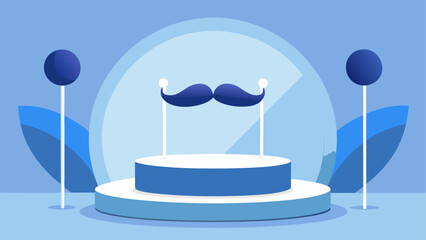 A blue mustache prop displayed on a circular podium with a modern minimalist graphic background © Devili