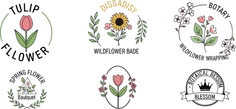 A delightful collection of unique hand-drawn floral logo designs, featuring a charming array of tulips, sunflowers, and spring blossoms, perfect for elegant branding and natural-themed usage.