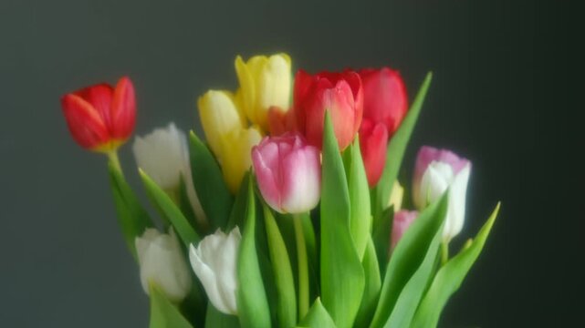 Beautiful bouquet of fresh spring tulips in various colors, including red, yellow, white, and pink, gently swaying against a dark, moody background, celebrating the arrival of spring