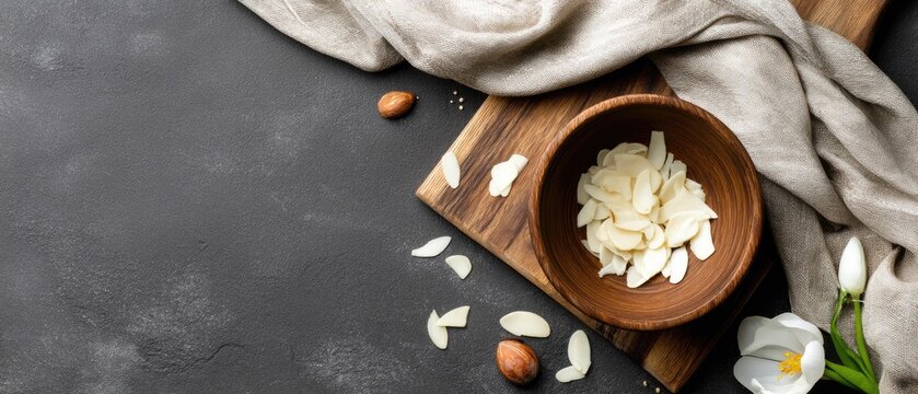 A bowl filled with golden potato chips rests on a wooden board beside various kitchen utensils against a black backdrop