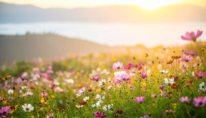 Obraz premium 秋桜 花畑 日出 希望 ぬくもり 質感 陰影 輪郭 黄金色 核心 境界 均衡 存在 静謐 刹那 永遠 郷愁 開花 憧憬 芳醇