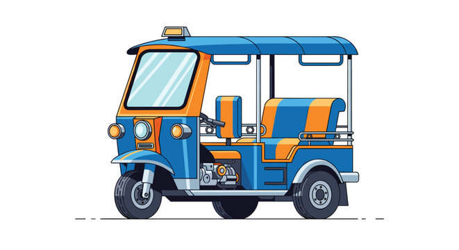 A blue and orange auto-rickshaw with a rigid roof and detailed mechanics is shown from a front-side angle against a plain white background.