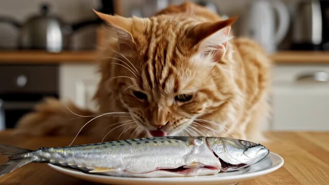 A household cat licks its lips eagerly as it examines a fish on a kitchen plate with a look of ravenous delight.