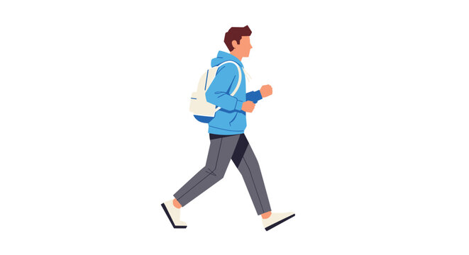 A young man wearing a blue hoodie and a white backpack walks to the right on a plain white background.