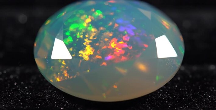 A faceted opal gemstone displaying iridescent fire with spectral light dancing across its surface.