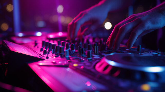 Close up of DJ hands adjusting knobs and faders on mixer in a nightclub, capturing music performance, vibrant nightlife energy, and professional audio control.