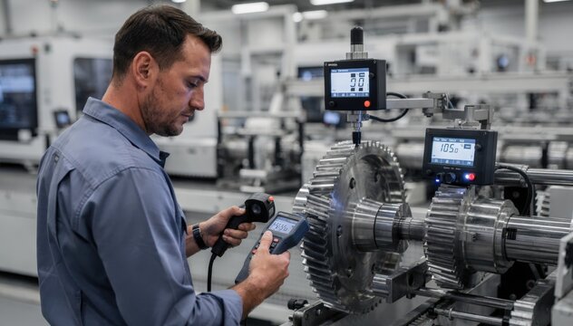 Medium shot showing a quality inspector performing inline checks with digital gauges and cameras to ensure precise tooth spacing and minimal runout.