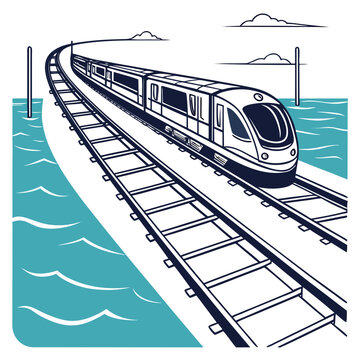 Monochromatic illustration of a modern train traveling on tracks over water with a scenic view