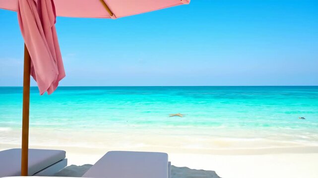 A travel concept background design features a sun bed and beach umbrella against a vivid turquoise ocean floor view with generous copy space.