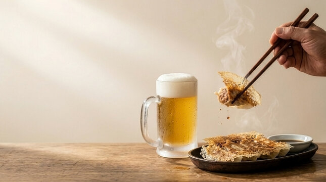 Japanese Izakaya scene - Chilled draft beer and hanetsuki gyoza with clean copy space - High resolution stock photo