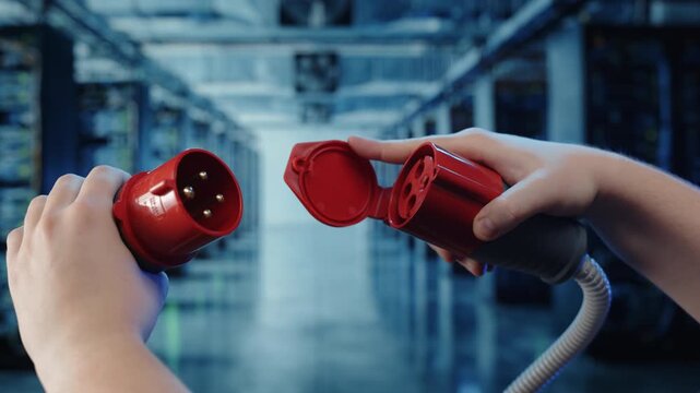 Hands opening industrial power connector cable in data center server room