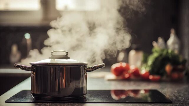 Cooking pot boiling on induction stove creating steam