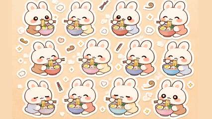 Fototapeta premium Adorable kawaii bunnies enjoying delicious bowls of ramen noodles, perfect for food-themed designs and cute illustrations