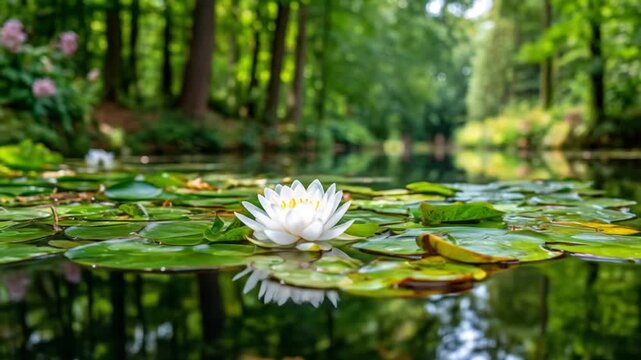 White water lily floating on calm water amidst lush greenery