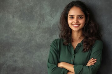 Fototapeta premium Cheerful young woman with curly dark hair and a warm smile, confidently standing with crossed arms against a textured background.