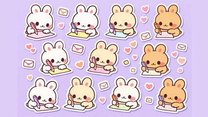 Obraz premium Cute Kawaii Bunnies Writing Letters and Sending Mail with Hearts, Adorable Sticker Design with Pastel Colors
