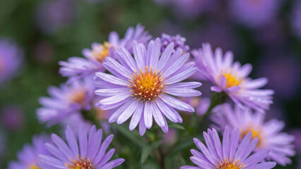Obraz premium Delicate purple asters bloom vibrantly in soft focus, bringing a touch of natural beauty.