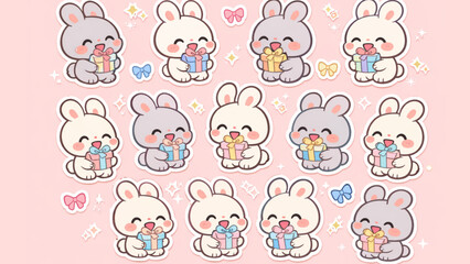 Obraz premium Adorable Kawaii Bunnies Holding Gift Boxes with Pink Background and Confetti, Perfect for Easter and Celebrations