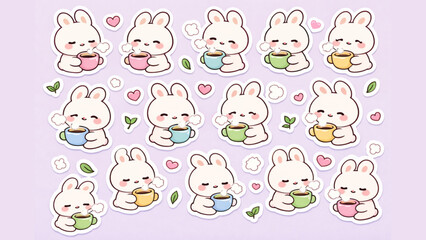 Obraz premium Charming collection of cute cartoon white bunnies enjoying various hot beverages from colorful mugs, each with a sweet and gentle expression, presented as whimsical stickers