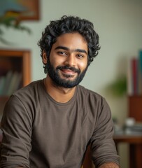 Fototapeta premium Smiling young indian man with a charming beard and curly hair looks happily at the camera in a relaxed indoor setting.
