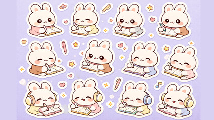Fototapeta premium Adorable collection of kawaii bunny characters engaged in various sweet academic and relaxing activities, perfect for cute designs and playful projects