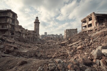 Fototapeta premium Urban Skyline Shows Destruction and Devastation After Bombing During War at a Specific Location in 8K Resolution