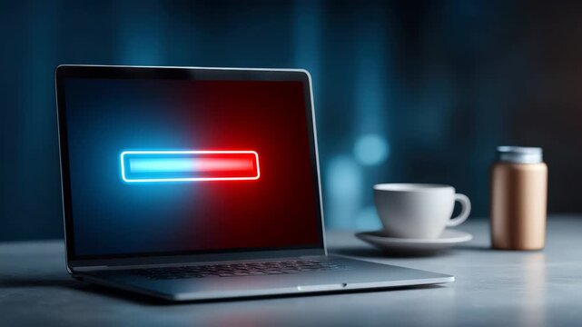 Laptop on desk showing low battery warning icon glowing blue and red in dark office 60 FPS