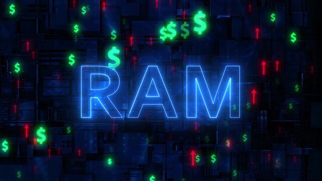 RAM Memory Price Increase Concept &ndash; Glowing Tech Text with Dollar Signs and Rising Arrows Motion Background 4K