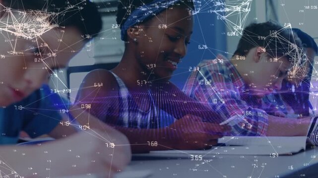Animation of connections over happy diverse students using technology at school